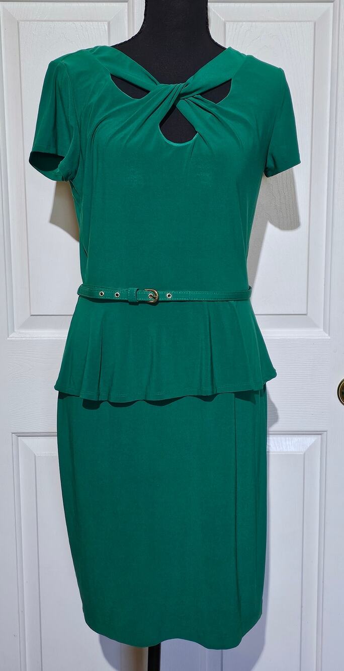 Danny & Nicole Emerald Green Peplum Sheath Dress Size 10 Belted Cutout Neck.